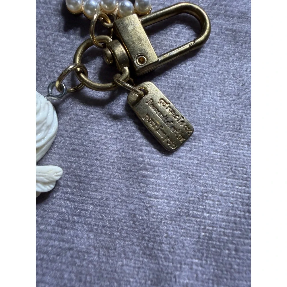 Vintage Angel Cherub Keychain Faux Pearl Heart Charm Antique Gold Tone Coquette